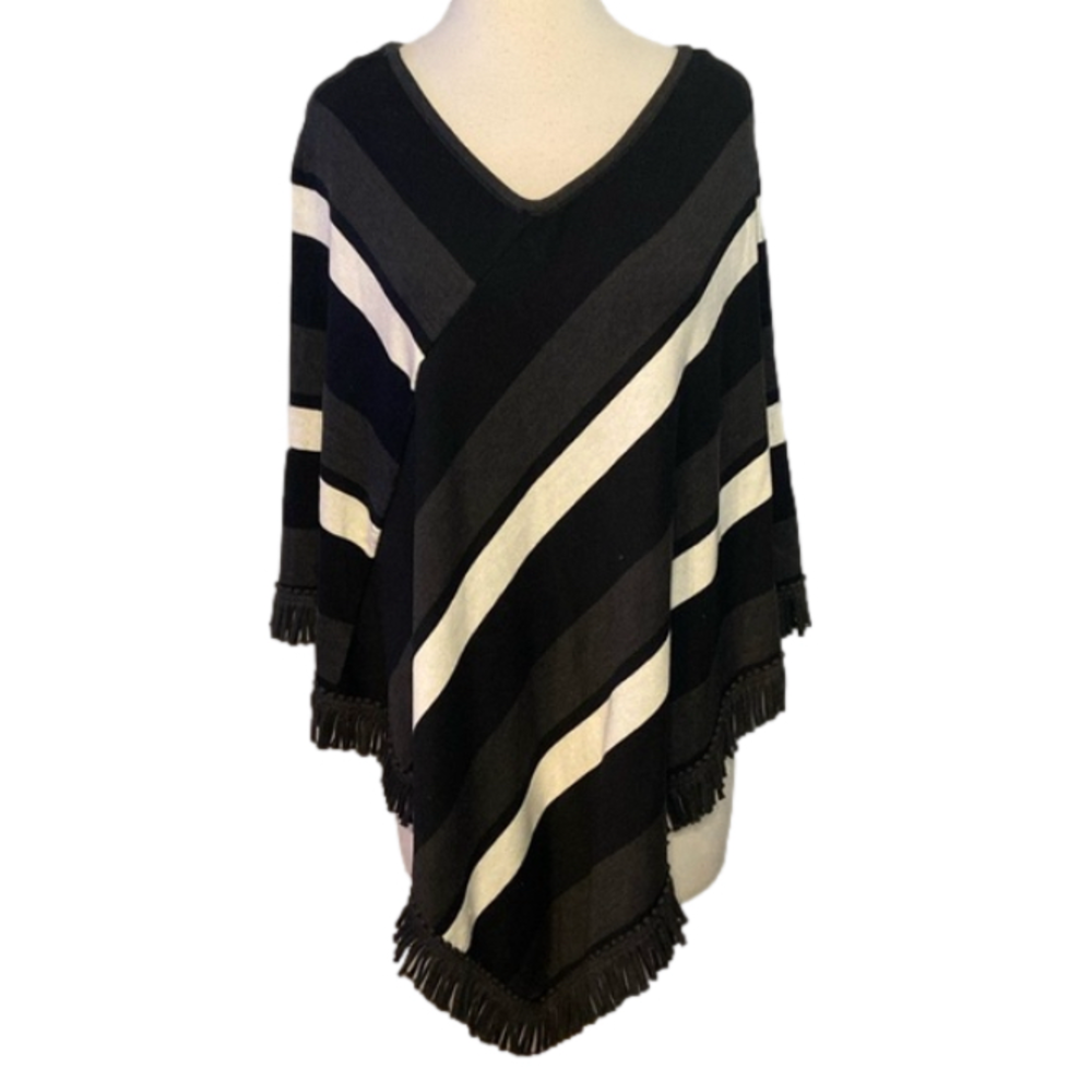 Lennie For Nina Leonard Poncho Fringe Edge Black Gray White One Size
